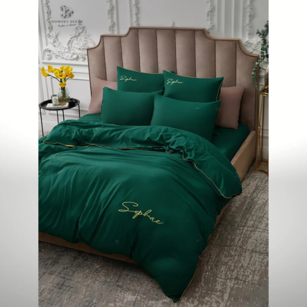 Pościel Velvet Night z lamówką i haftem 160x200 komplet 3 cz. szmaragdowy zielony