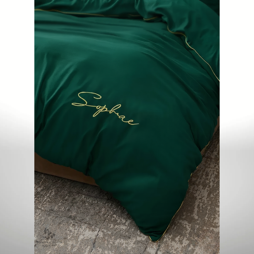 Pościel Velvet Night z lamówką i haftem 160x200 komplet 3 cz. szmaragdowy zielony - obrazek 2