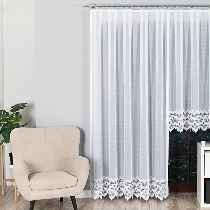 FELICJA Firanka żakardowa gotowa ze wzorem na samym dole na prosto, szerokość 200 x wysokość 250cm, kolor 001 biały