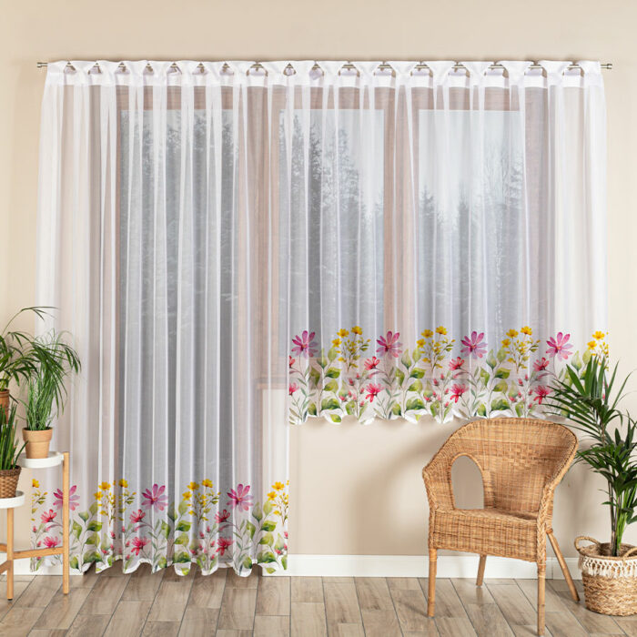 KWIATOWA ŁĄKA Firanka żakardowa gotowa na prosto, szerokość 300 x wysokość 220cm, kolor 001 biały