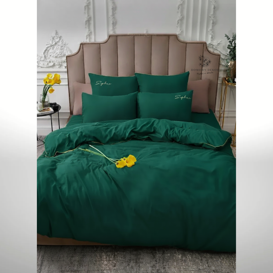 Pościel Velvet Night z lamówką i haftem 160x200 komplet 3 cz. szmaragdowy zielony - obrazek 3