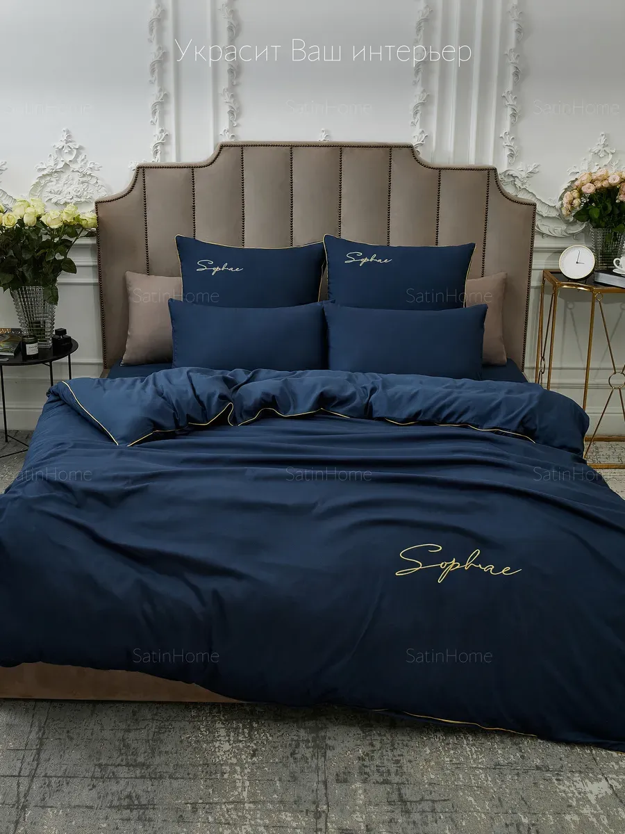 Pościel VELVET NIGHT z lamówką i haftem 160x200 komplet 3 cz. granatowa - obrazek 4