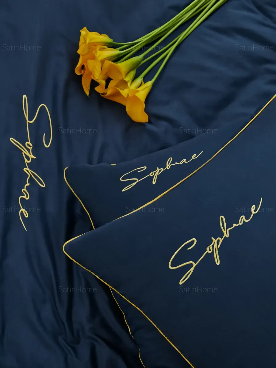 Pościel VELVET NIGHT z lamówką i haftem 160x200 komplet 3 cz. granatowa - obrazek 7
