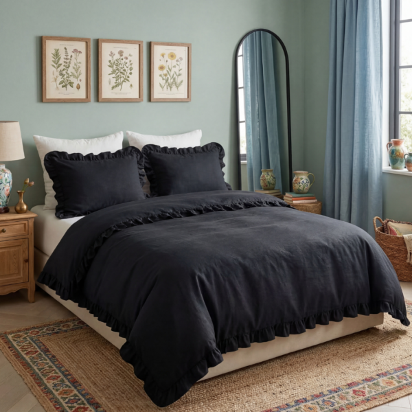 Pościel 160x200 z falbaną bawełna satynowa komplet 3 części czarna