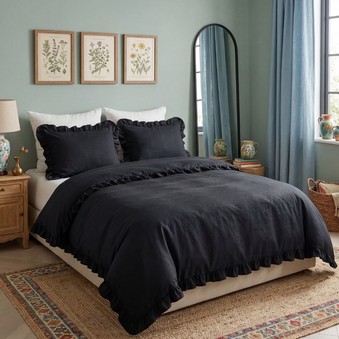 Pościel 160x200 z falbaną bawełna satynowa komplet 3 części czarna