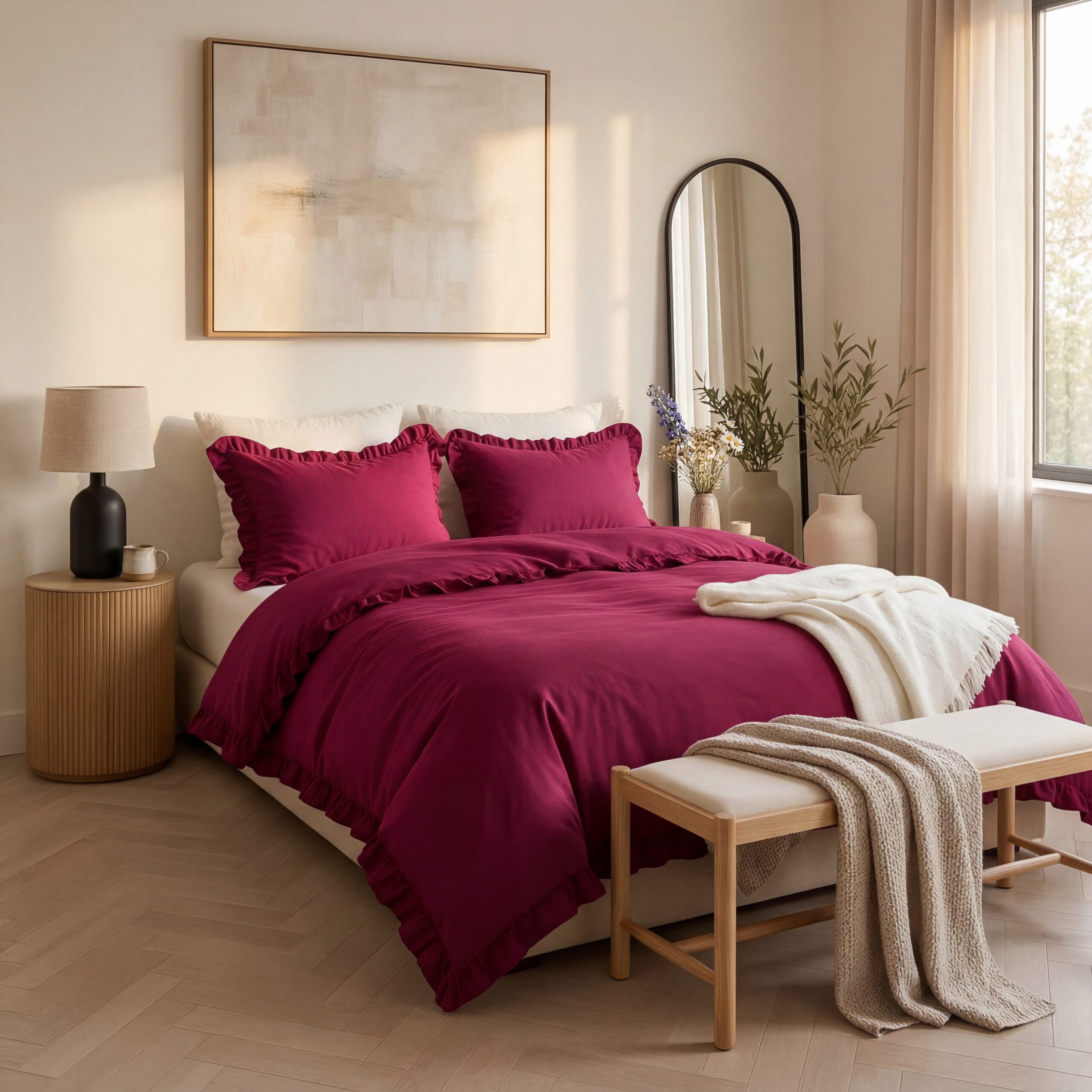 Pościel 160x200 z falbaną bawełna satynowa komplet 3 części fuksja