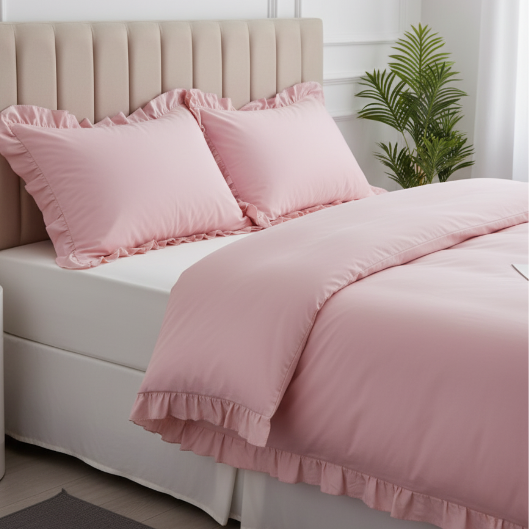 Pościel z falbanką 160×200 satyna bawełniana komplet 3 części pudrowy róż - obrazek 3