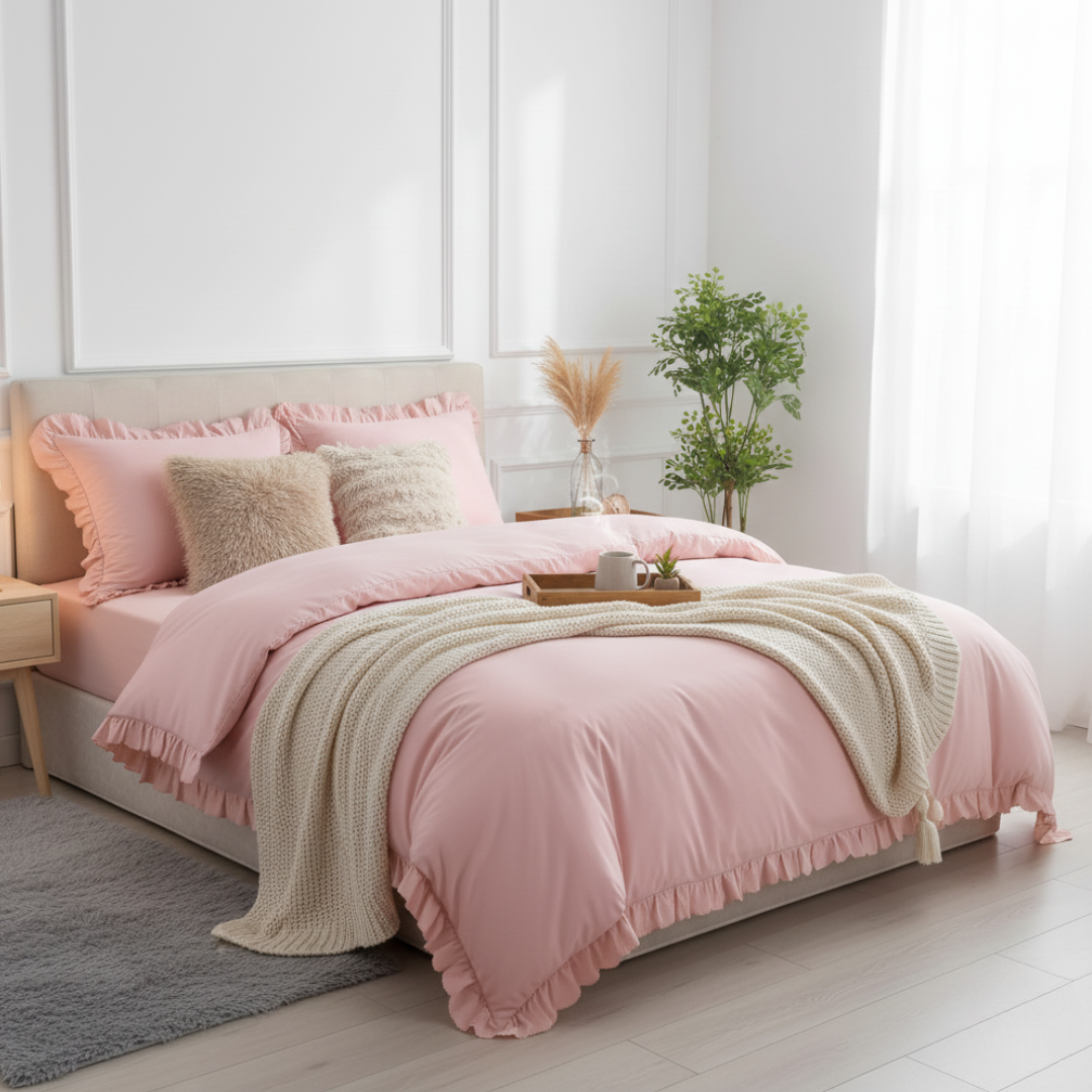 Pościel z falbanką 160×200 satyna bawełniana komplet 3 części pudrowy róż - obrazek 2