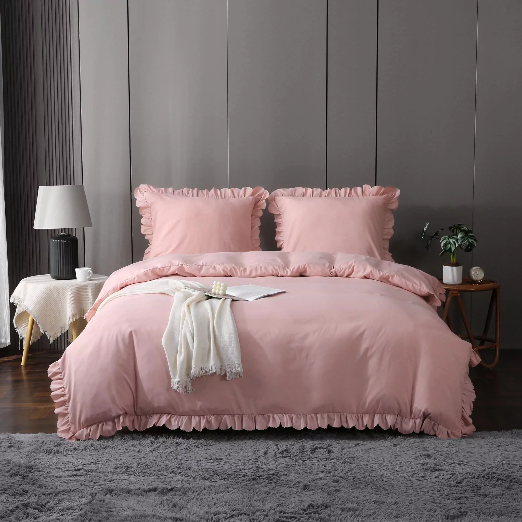 Pościel z falbanką 160×200 satyna bawełniana komplet 3 części pudrowy róż - obrazek 4