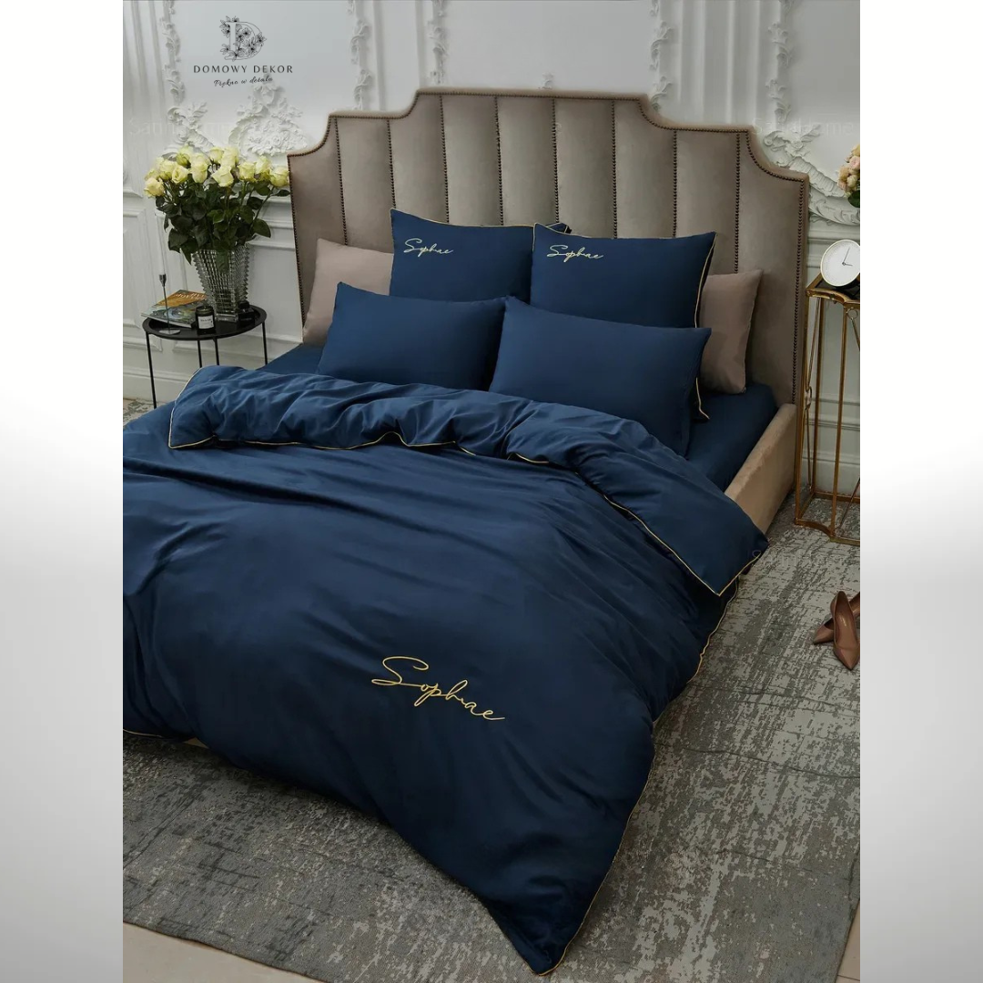 Pościel VELVET NIGHT z lamówką i haftem 160x200 komplet 3 cz. granatowa