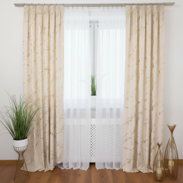 MARMA Zasłona gotowa na taśmie, szerokość 140cm x wysokość 250 cm, kolor 016 kremowy ze złotym nadrukiem na VELVI