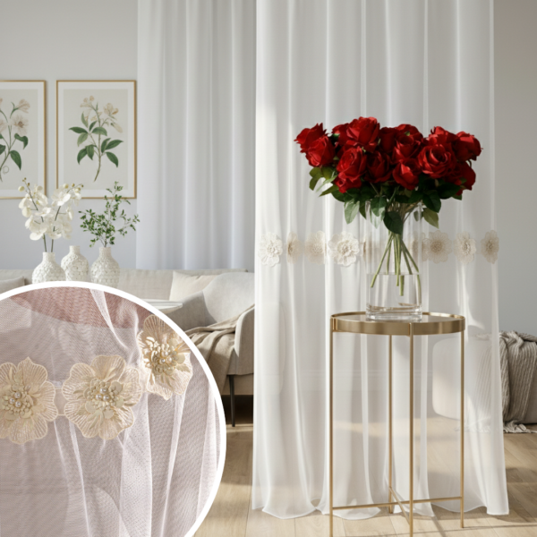 Romantyczna firana na przelotkach 140x250 kolor 001 biała ISEN kwiaty 3D